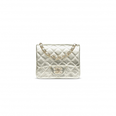 CHANEL MINI CLASSIC FLAP HANDBAG METALLIC CALFSKIN LIGHT GOLD A35200 (17*13*7cm)